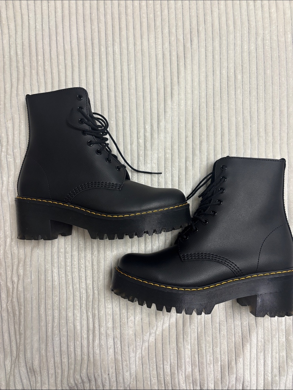 Dr. Martens Black Lace-Up Platform Moto Boots with Yellow Stitching - Picture 2 of 6